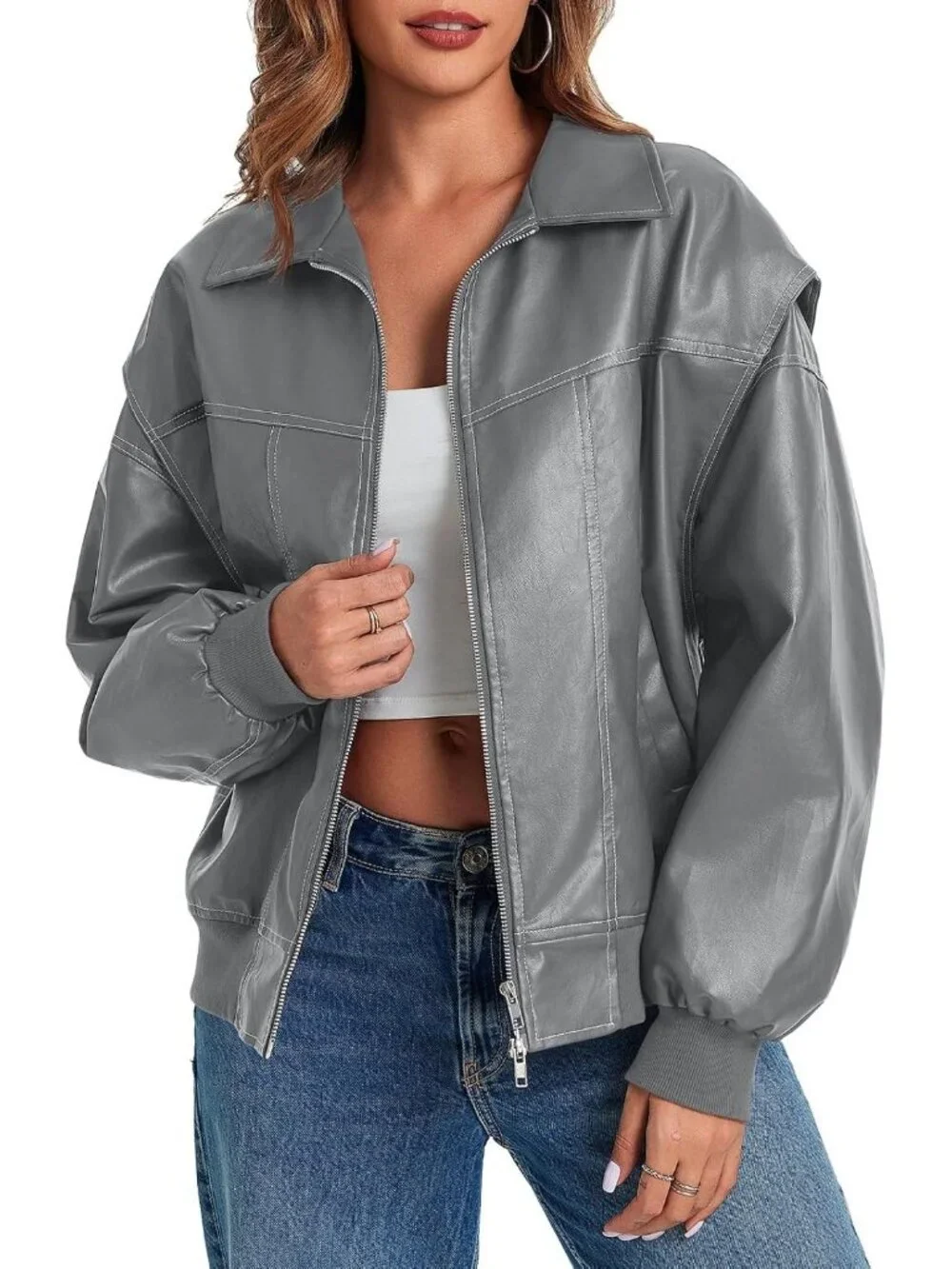 Women's Grey Oversized Faux Leather Bomber Jacket Motorcycle ZIP Up Coat